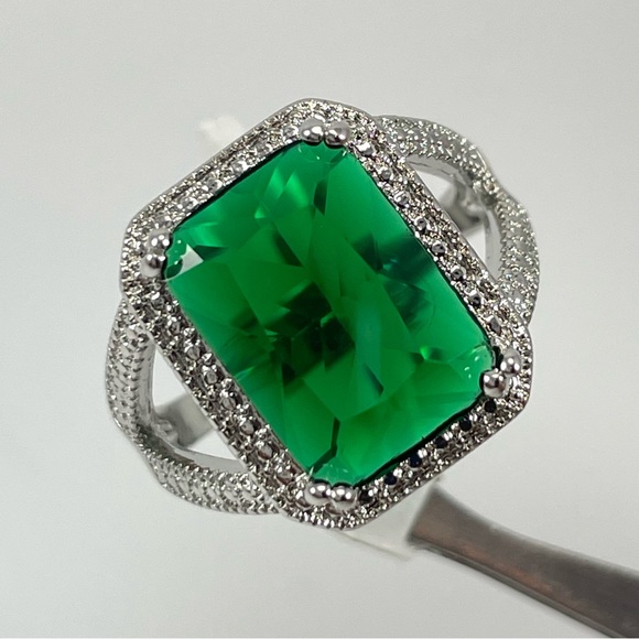 tiffclosetfinds Jewelry - Beautiful Statement Green Emerald Diamond CZ Radiant Cut Silver Plated Ring
